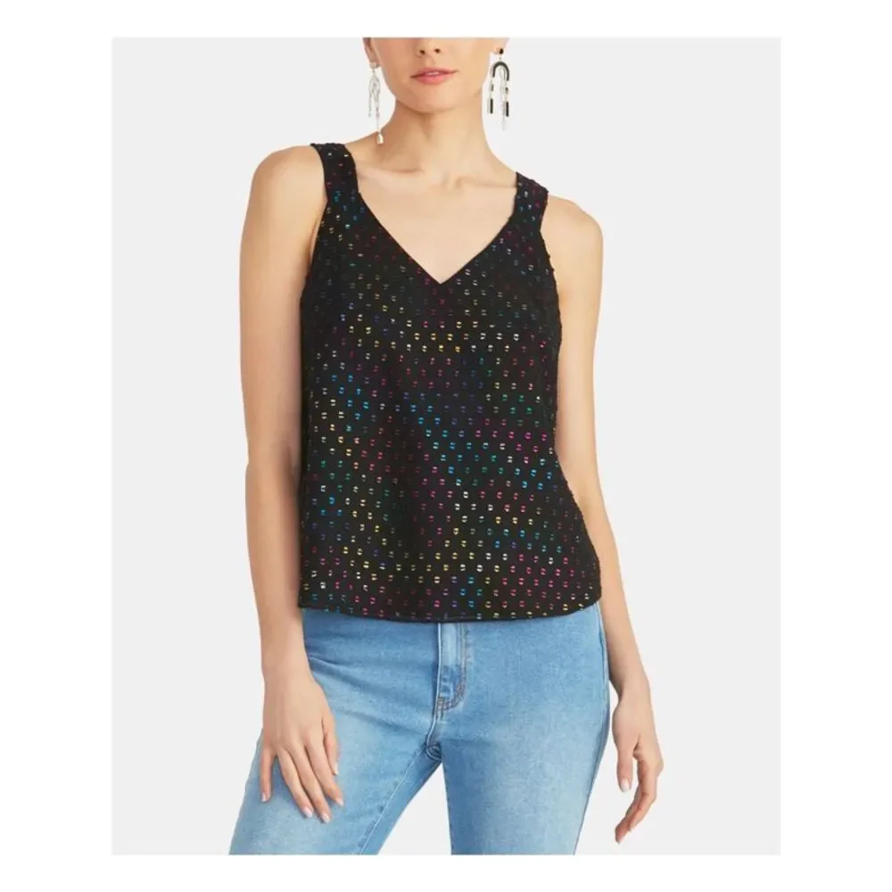 RACHEL ROY Womens Slitted Metallic-dot Sleeveless V Neck Tank Top
